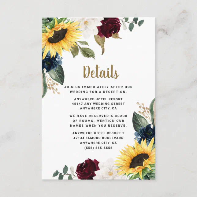 Sunflower Burgundy Red and Navy Blue Roses Wedding Enclosure Card | Zazzle