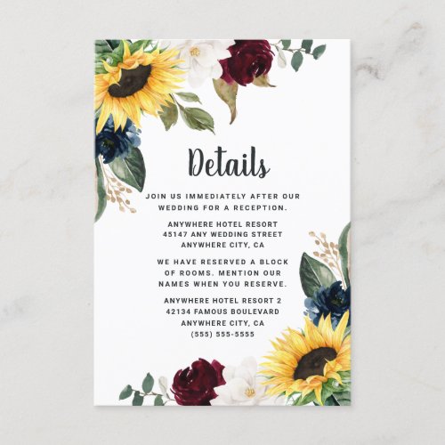 Sunflower Burgundy Red and Navy Blue Roses Wedding Enclosure Card