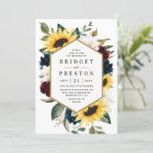 Sunflower Burgundy Red and Navy Blue Roses Wedding Invitation (Standing Front)