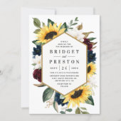 Sunflower Burgundy Red and Navy Blue Roses Wedding Invitation (Front)