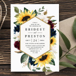 Sunflower Burgundy Red and Navy Blue Roses Wedding Invitation<br><div class="desc">Design features elegant watercolor sunflowers,  burgundy red and navy blue roses,  white magnolia and various types of greenery with a printed gold colored frame.  Design also features a modern typography layout.  The design's back features matching elements to match the front.</div>