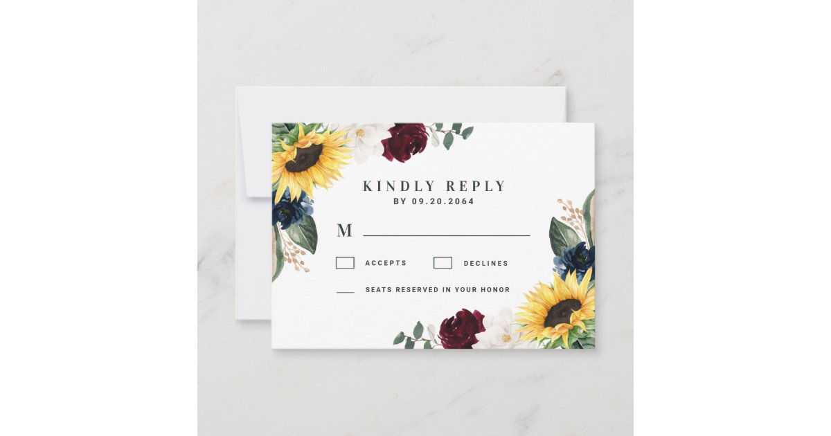Sunflower Burgundy Red and Navy Blue Roses Wedding RSVP Card | Zazzle