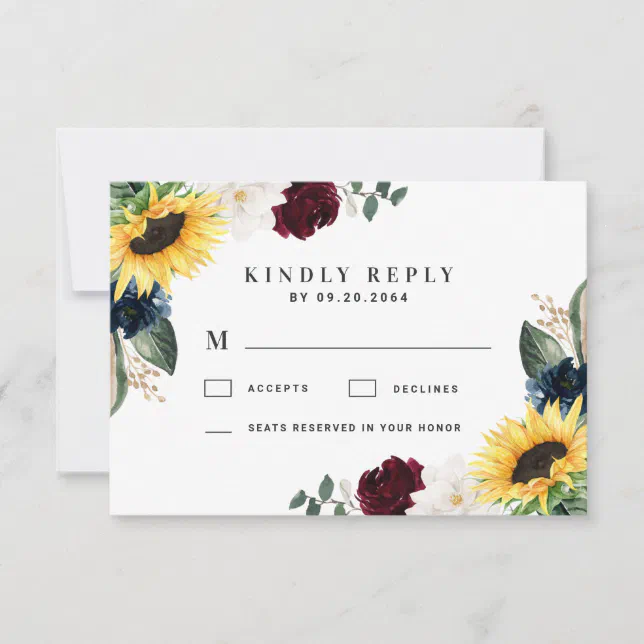 Sunflower Burgundy Red and Navy Blue Roses Wedding RSVP Card | Zazzle