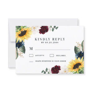 Sunflower Burgundy Red and Navy Blue Roses Wedding RSVP Card