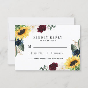 Sunflower Burgundy Red and Navy Blue Roses Wedding RSVP Card