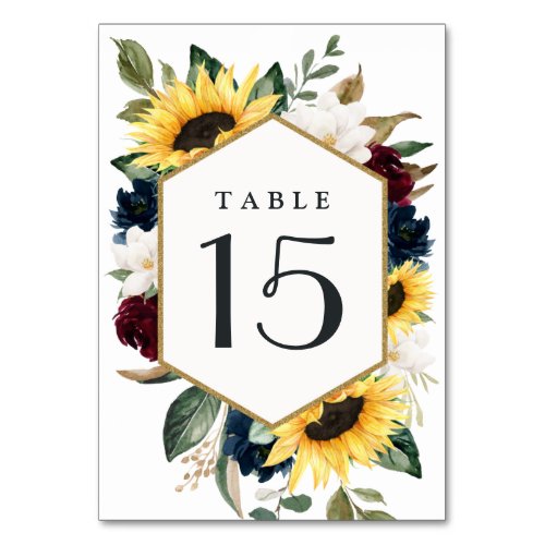 Sunflower Burgundy Red and Navy Blue Roses Wedding Table Number