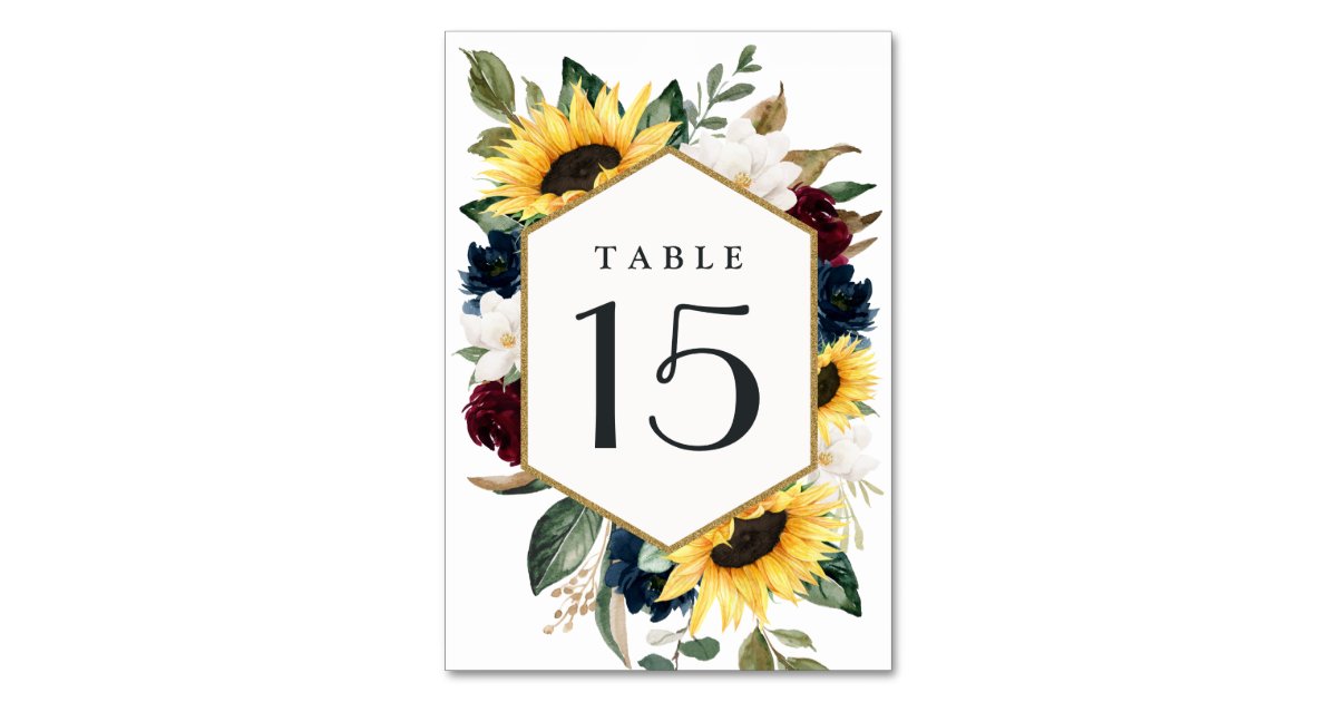 Sunflower Burgundy Red and Navy Blue Roses Wedding Table Number | Zazzle