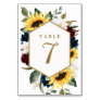 Sunflower Burgundy Red and Navy Blue Roses Wedding Table Number