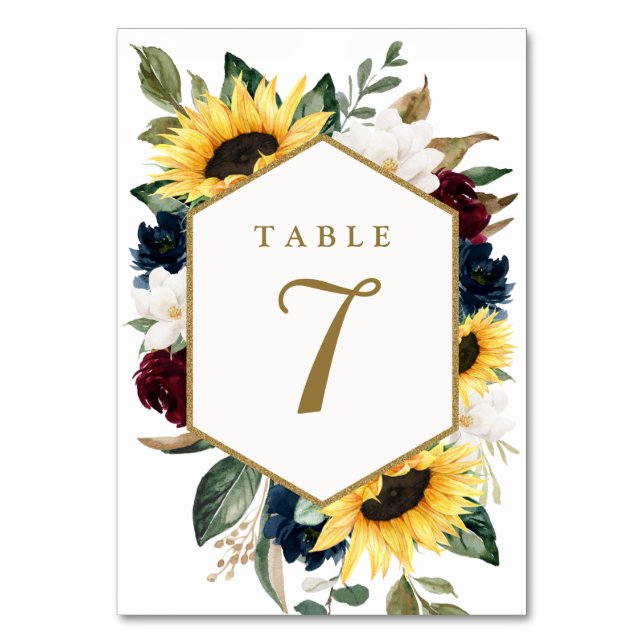 Sunflower Burgundy Red and Navy Blue Roses Wedding Table Number (Front)
