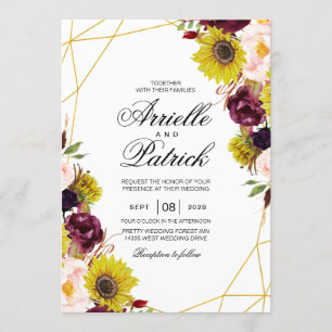 Sunflower Burgundy Red Blush Peony Rose Invitation