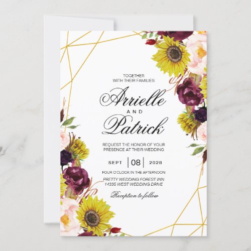 Sunflower Burgundy Red Blush Peony Rose Invitation