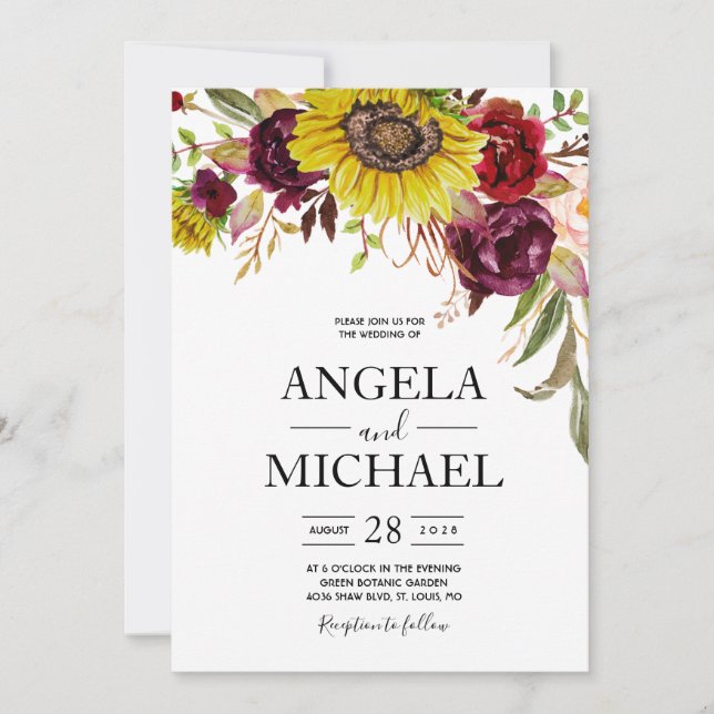 Sunflower Burgundy Red Blush Peony Rose Invitation (Front)