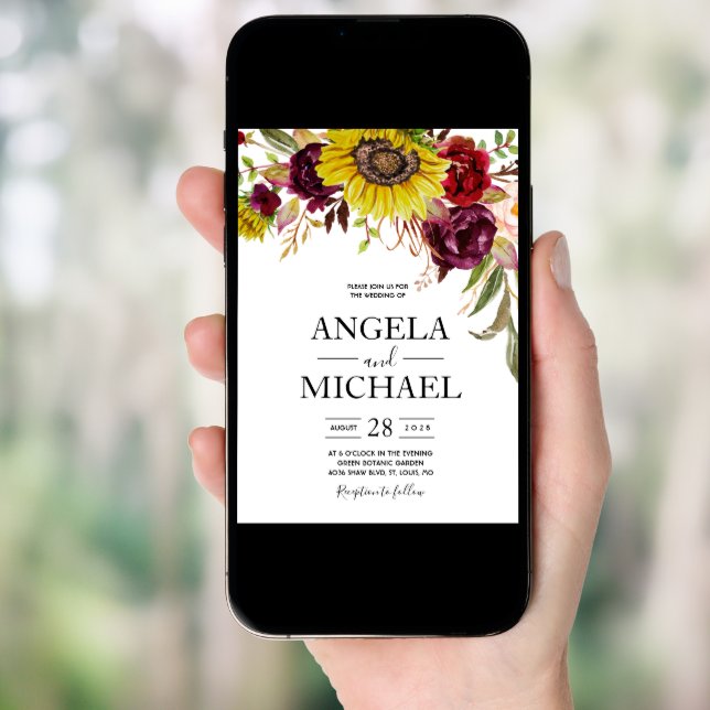 Sunflower Burgundy Red Blush Peony Rose Invitation (Front Digital)