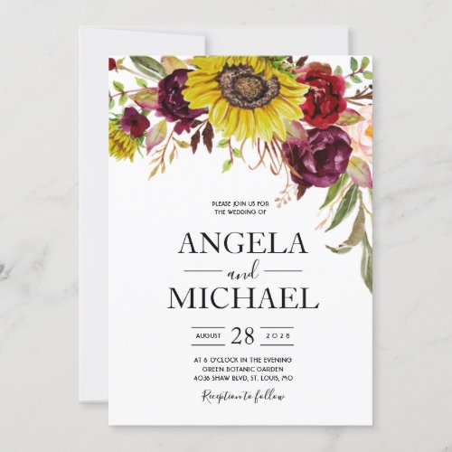 Sunflower Burgundy Red Blush Peony Rose Invitation