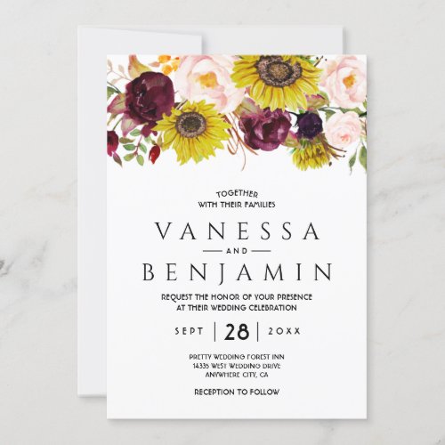 Sunflower Burgundy Red Blush Peony Rose Invitation