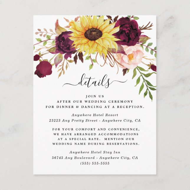 Sunflower Burgundy Red Blush Peony Rose Wedding Enclosure Card (Front)