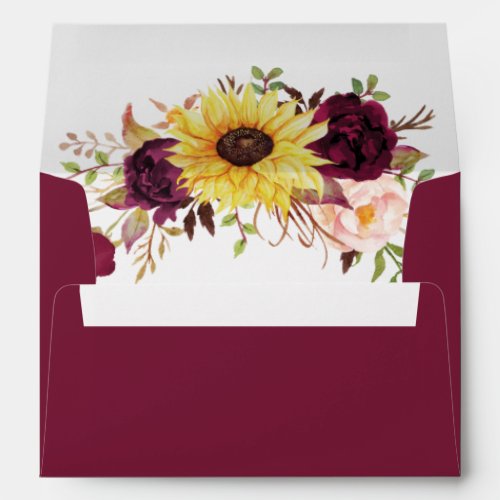 Sunflower Burgundy Red Blush Peony Rose Wedding Envelope