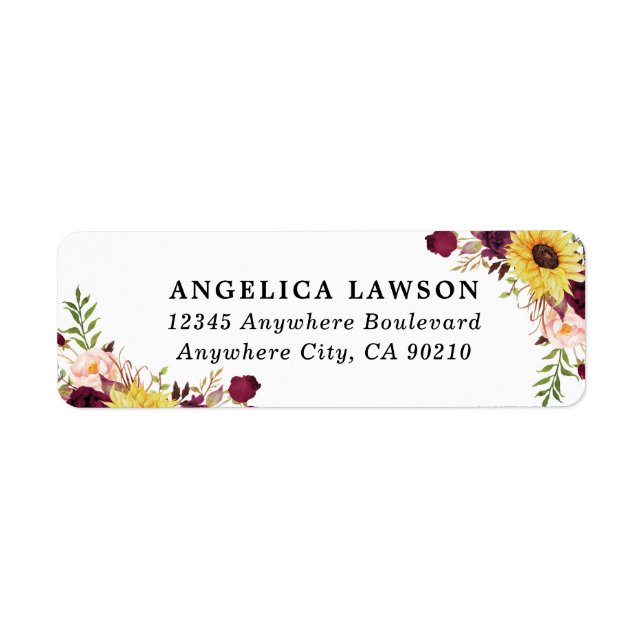 Sunflower Burgundy Red Blush Peony Rose Wedding Label (Front)