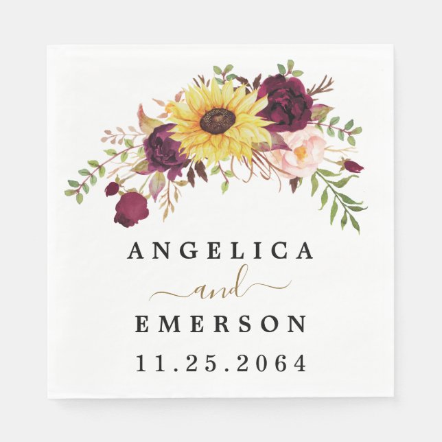 Sunflower Burgundy Red Blush Peony Rose Wedding Napkins (Front)