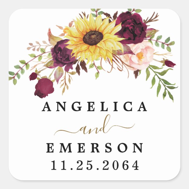 Sunflower Burgundy Red Blush Peony Rose Wedding Square Sticker (Front)