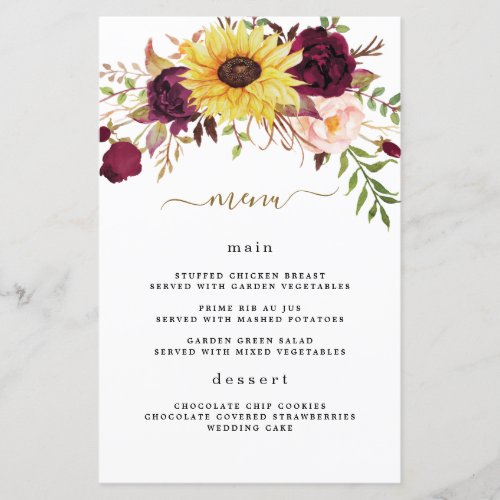 Sunflower Burgundy Red Blush Wedding Menu Cards