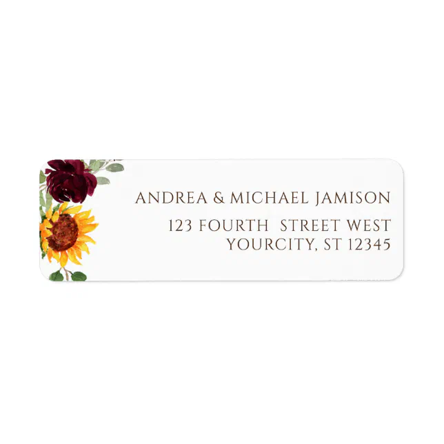 Sunflower Burgundy Red Roses Fall Wedding Address Label | Zazzle