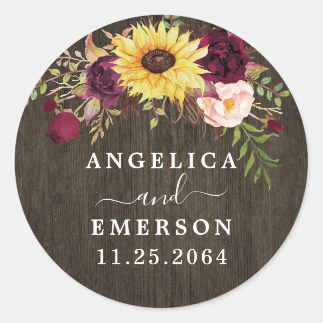 Sunflower Burgundy Red Roses Rustic Wood Wedding Classic Round Sticker ...