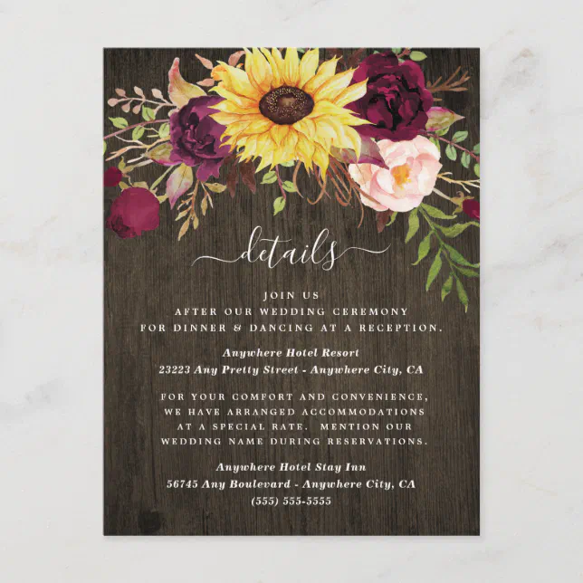 Sunflower Burgundy Red Roses Rustic Wood Wedding Enclosure Card | Zazzle
