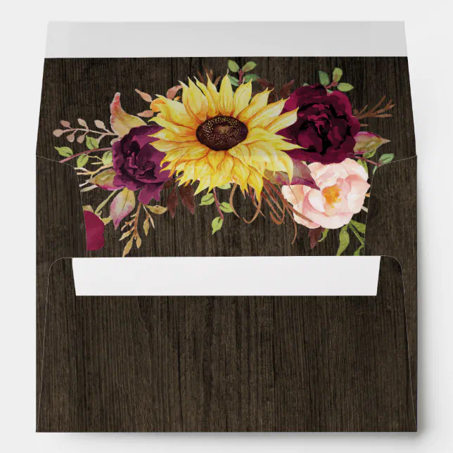 Sunflower Burgundy Red Roses Rustic Wood Wedding Envelope | Zazzle