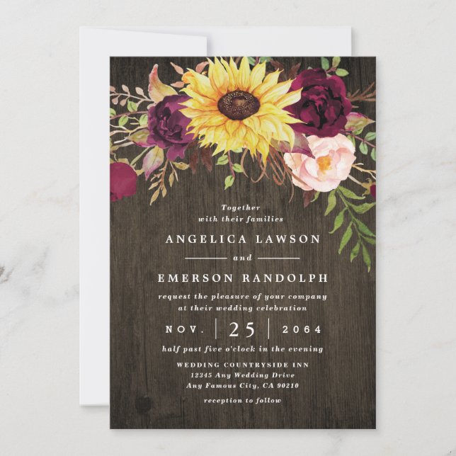 Sunflower Burgundy Red Roses Rustic Wood Wedding Invitation (Front)