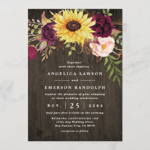 Sunflower Burgundy Red Roses Rustic Wood Wedding Invitation
