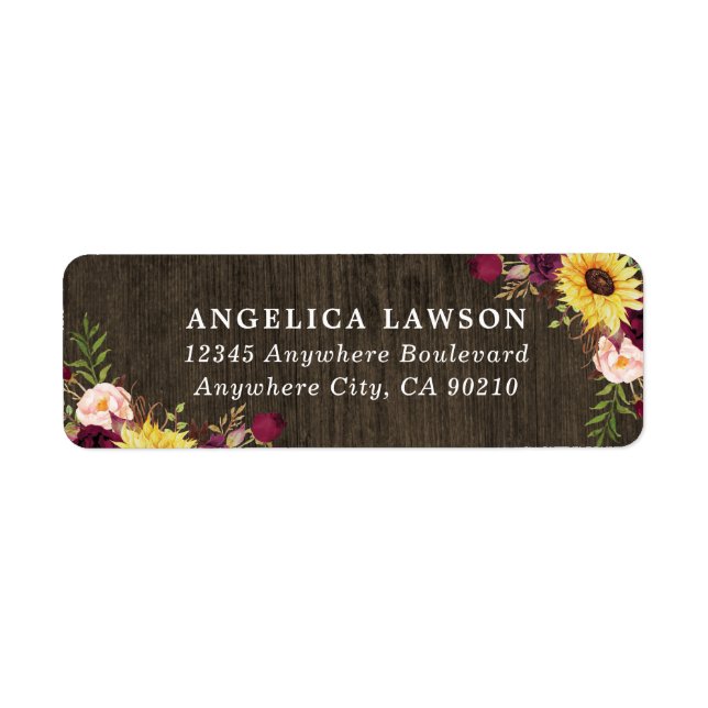 Sunflower Burgundy Red Roses Rustic Wood Wedding Label (Front)