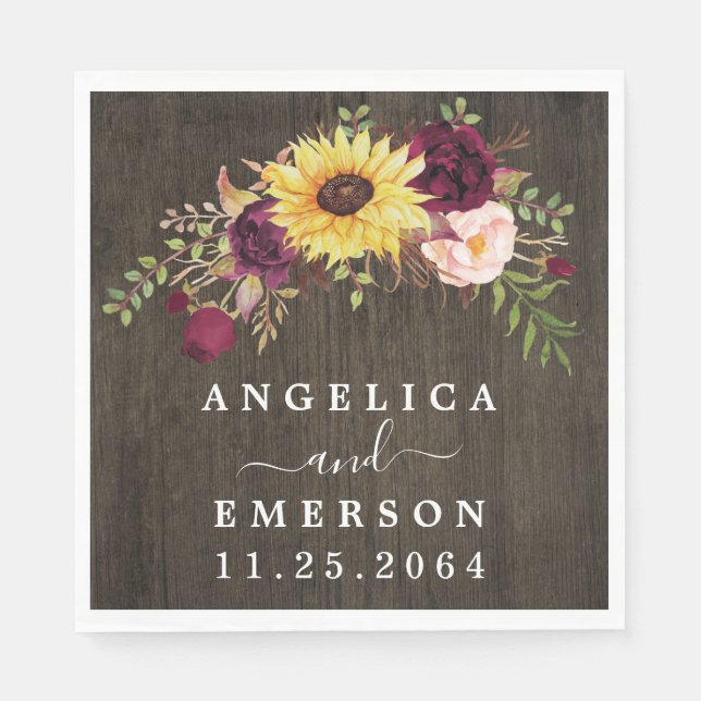 Sunflower Burgundy Red Roses Rustic Wood Wedding Napkins (Front)