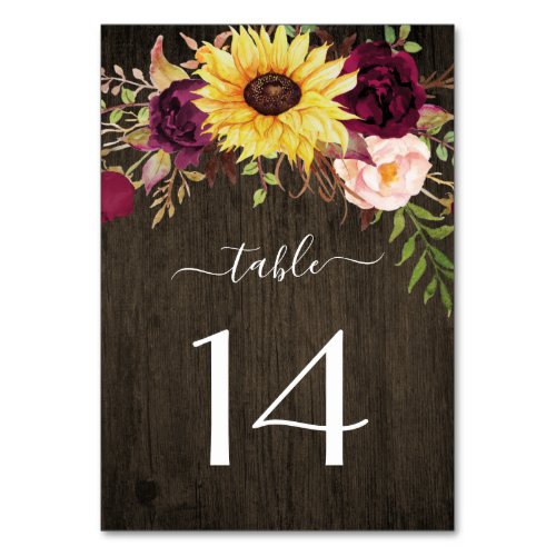 Sunflower Burgundy Red Roses Rustic Wood Wedding Table Number