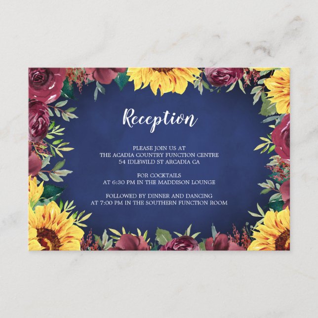 Sunflower Burgundy Rose Border Navy Blue Reception Enclosure Card (Front)