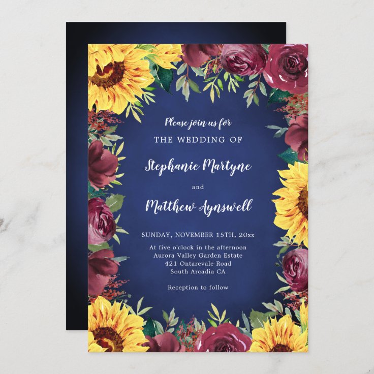 Sunflower Burgundy Rose Border Navy Wedding Invitation | Zazzle