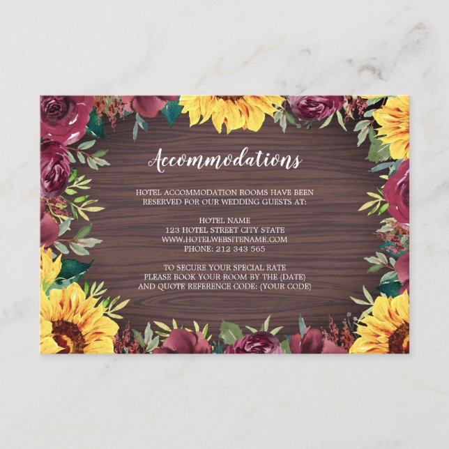 Sunflower Burgundy Rose Border Wood Accommodations Enclosure Card (Front)