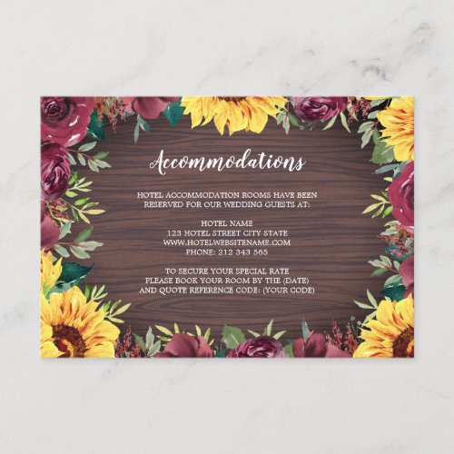 Sunflower Burgundy Rose Border Wood Accommodations Enclosure Card