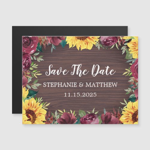 Sunflower Burgundy Rose Border Wood Save The Date