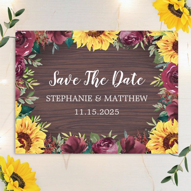 Sunflower Burgundy Rose Border Wood Save The Date Announcement Postcard (Creator Uploaded)