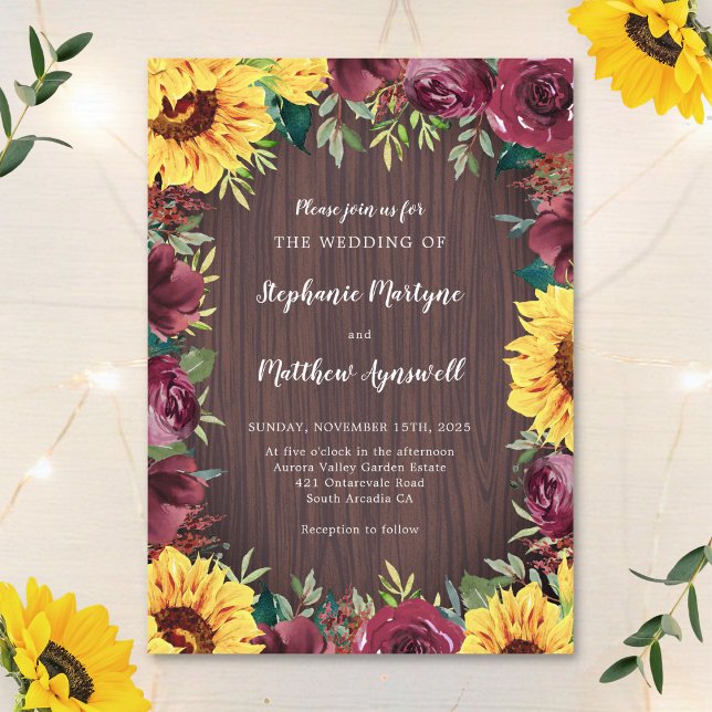 Sunflower Burgundy Rose Border Wood Wedding Invitation (Creator Uploaded)