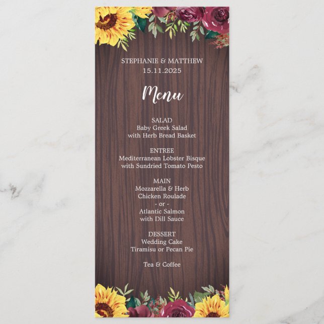Sunflower Burgundy Rose Border Wood Wedding Menu (Front)