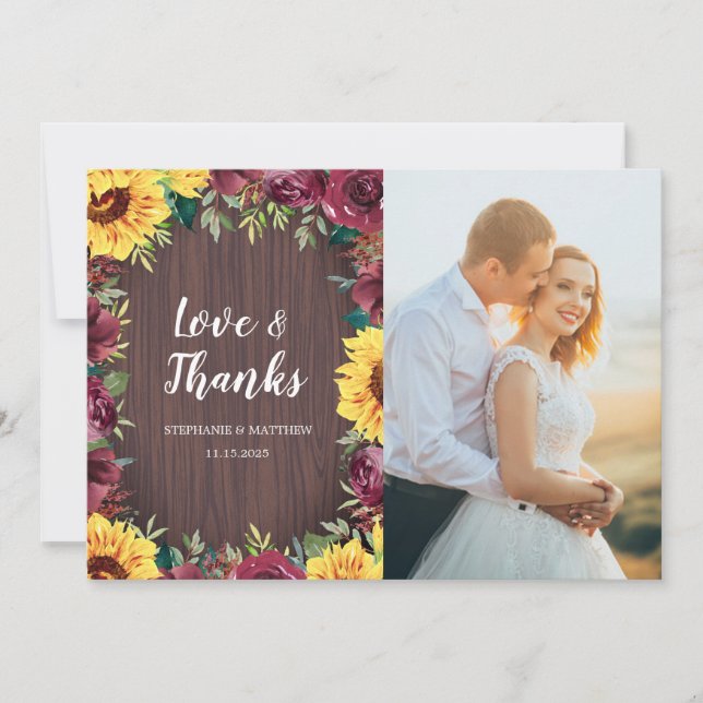 Sunflower Burgundy Rose Border Wood Wedding Photo Thank You Card (Front)