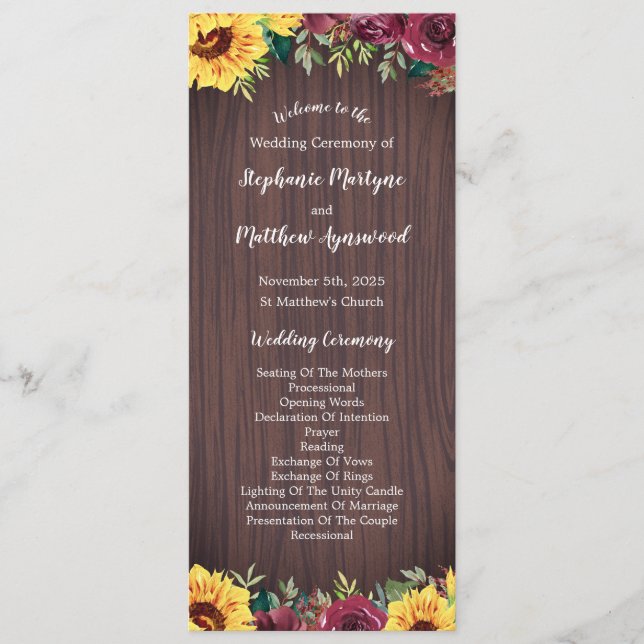 Sunflower Burgundy Rose Border Wood Wedding Program (Front)