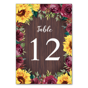 Sunflower Burgundy Rose Border Wood Wedding Table Number