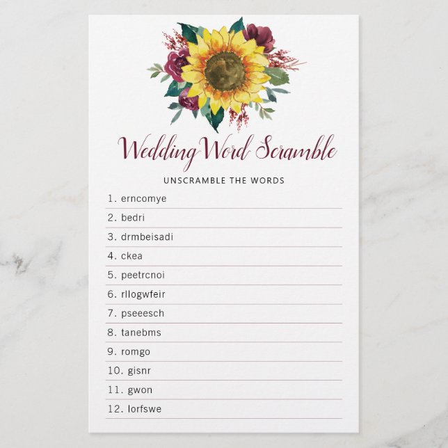 Sunflower Burgundy Rose Bridal Shower Word Game (Front)