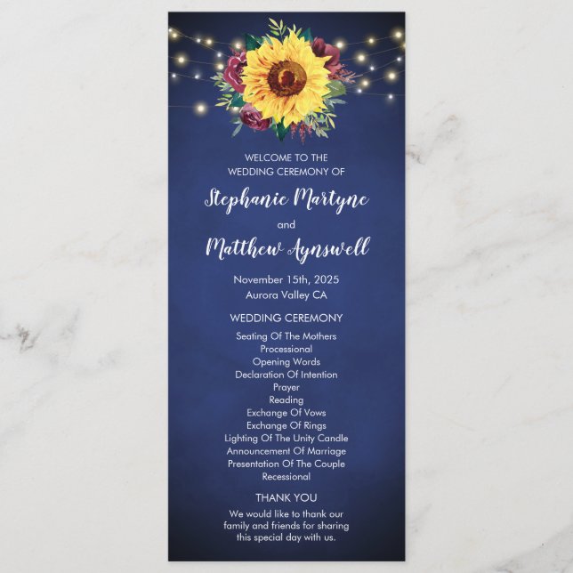 Sunflower Burgundy Rose Floral Lights Navy Wedding Program (Front)
