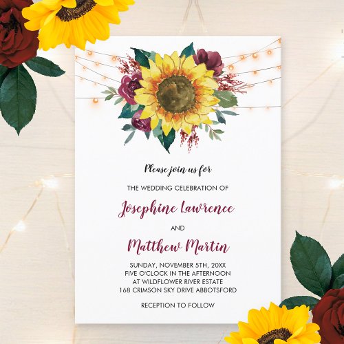 Sunflower Burgundy Rose Floral Lights Wedding Invitation