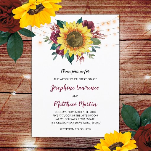 Sunflower Burgundy Rose Floral Lights Wedding Invitation | Zazzle