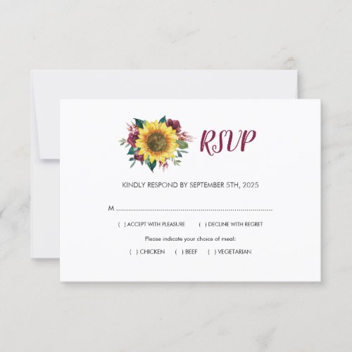 Sunflower Burgundy Rose Floral Meals Wedding RSVP Card